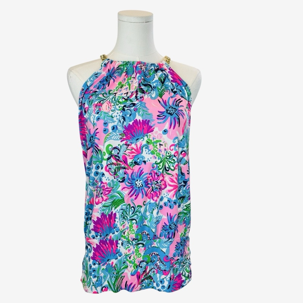 Lilly‎ Pulitzer Bowen Chain Link Halter Neck Banded Hem Floral Tank Top Sz Small